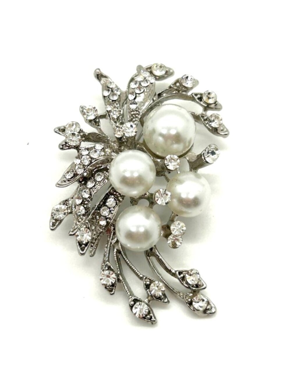 Faux Pearl & Rhinestone Brooch Silver-tone Floral Pin Glam Elegant - Picture 2 of 15